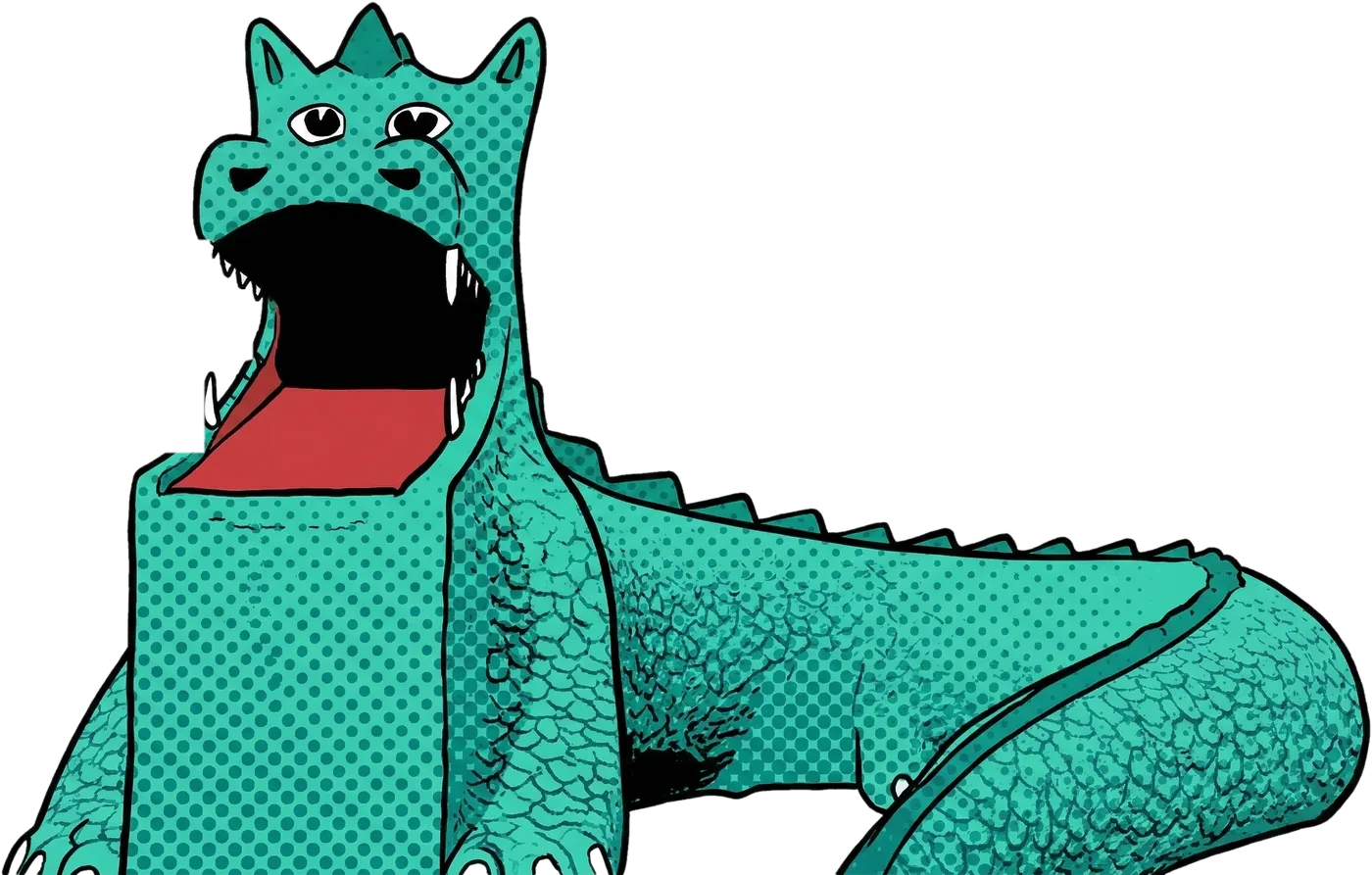 Caricatura del dragón del parque de La Elipa, con la boca abierta
