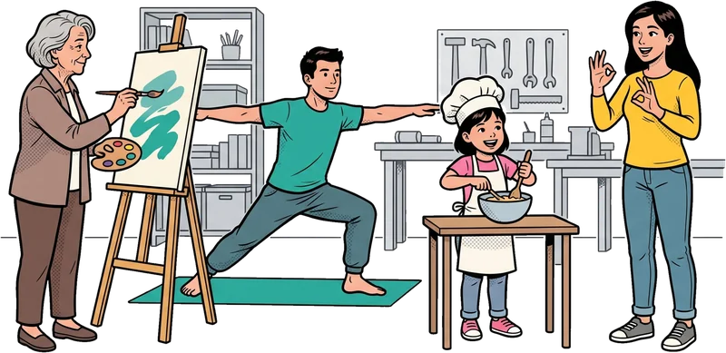 Un taller del barrio: una vecina mayor pinta en un caballete, un chico hace yoga, una niña cocina con gorro de chef y una mujer signa en lengua de signos